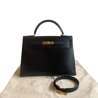 HermèS Келли 32 Preloved клеймило сумку черной чернотой коробки оборудования золота Epsom Sellier