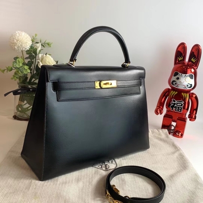 HermèS Келли 32 Preloved клеймило сумку черной чернотой коробки оборудования золота Epsom Sellier