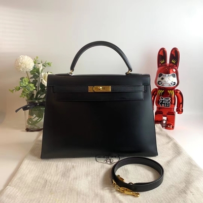 HermèS Келли 32 Preloved клеймило сумку черной чернотой коробки оборудования золота Epsom Sellier