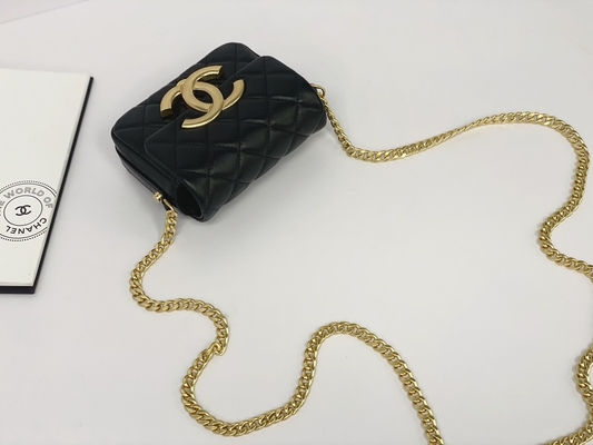 Держатель телефона щитка Chanel сумки посыльного черного Lambskin кожаный заклеймленный